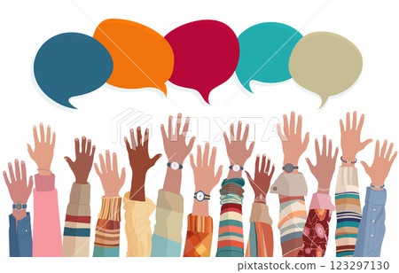 Anonymous raised of multicultural group people.Racial equality.Speech bubble.Crowd people.Men and women of diverse races.Communication.Male female.Diversity inclusion.Isolated 123297130