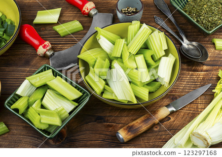 Celery stalks, green stalks, freshly harvested. 123297168