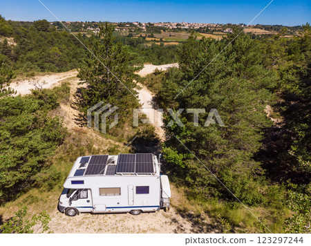 Caravan at lavender field, Provence in France. Aerial view Caravan at lavender field, Provence in France. Aerial view 123297244