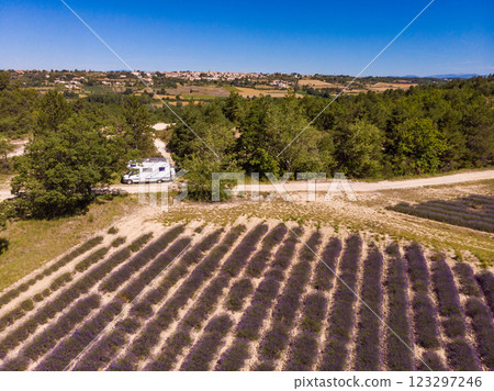 Caravan at lavender field, Provence in France. Aerial view Caravan at lavender field, Provence in France. Aerial view 123297246