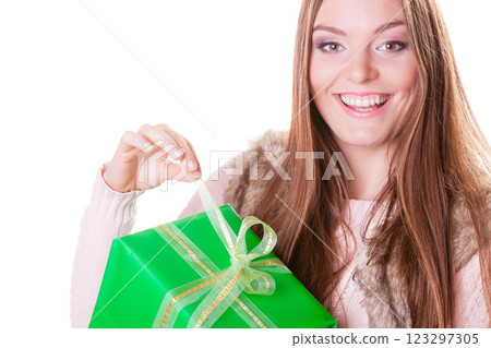 Pretty happy woman with box gift. Birthday. 123297305