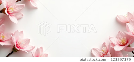 Pink cherry blossoms on white background with empty space. Floral frame with blooming spring flowers for greeting card or invitation 123297379
