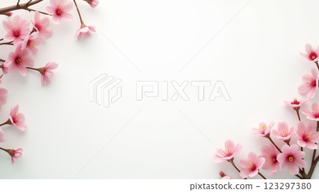 Pink cherry blossoms on white background with copy space. Floral frame with blooming spring flowers for greeting card or invitation 123297380