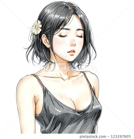 A woman with medium-long black hair and closed eyes (black camisole) 123297605