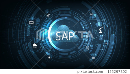 System Applications and Product (SAP) on dark blue background. 123297802