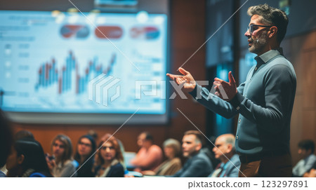 Professional speaker giving a business presentation 123297891