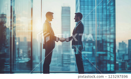 商業夥伴在享有城市景觀的現代化辦公室握手 123297896