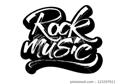 Rock Music. Sticker. Modern Calligraphy Hand Lettering for Serigraphy Print Rock Music. Sticker. Modern Calligraphy Hand Lettering for Serigraphy Print 123297911