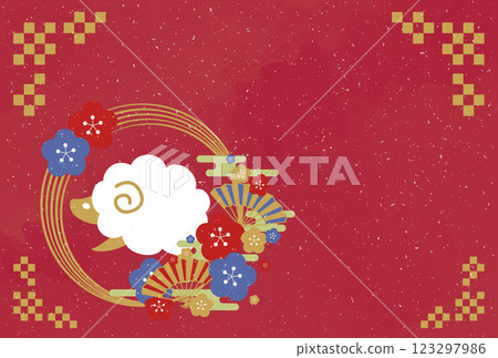 慶祝羊年的新年賀卡模板插圖,日式風格,2027 年 慶祝羊年的新年賀卡模板插圖,日式風格,2027 年 123297986