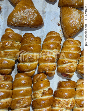 Lots of bread and bakery pies on a white background Lots of bread and bakery pies on a white background 123298042
