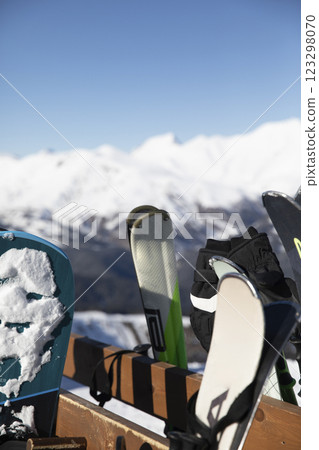 Skier's and snowboarder's equipment at the ski resort Skier's and snowboarder's equipment at the ski resort 123298070