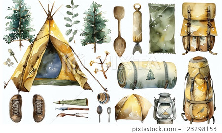 A watercolor camping set shows a tent, backpack, lantern, and tools on white canvas 123298153