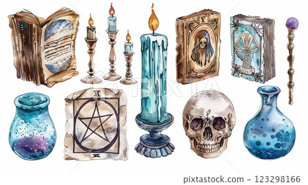 A colorful watercolor set features tarot cards, candles, and a divination ball among mystic items 123298166