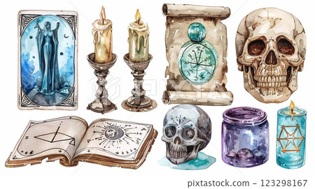 Watercolor art features tarot cards, candles, and mystical items for divination 123298167