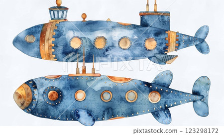 Vibrant watercolor depictions of submarines designed for artistic inspiration and creativity 123298172