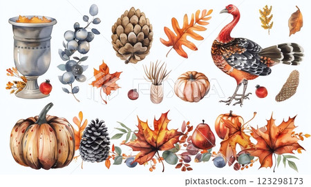A watercolor collection features Thanksgiving themes like turkeys, pumpkins, and autumn leaves 123298173