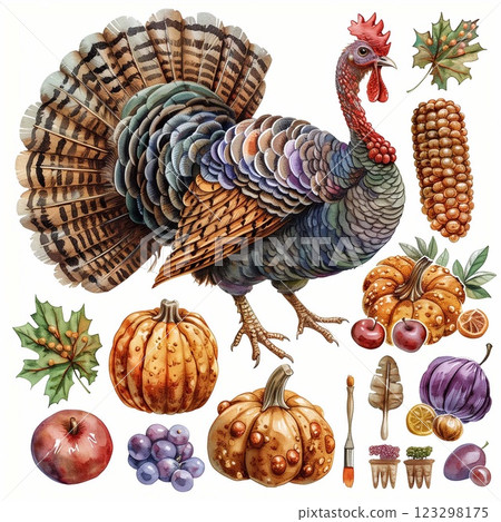 Detailed watercolor illustration of a turkey surrounded by pumpkins and autumn harvest items 123298175