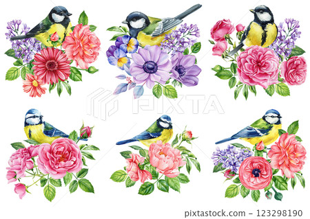 watercolor birds and flowers illustration, hand painted nature design, floral bouquet with songbirds isolated clipart 123298190