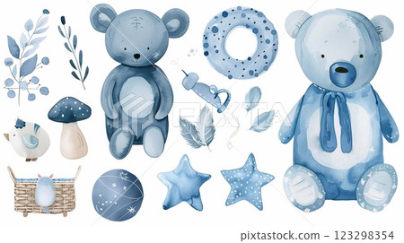 This adorable watercolor set features teddy bears and soft blue accents for a boys nursery 123298354