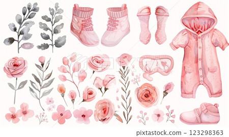 Soft pink baby girl apparel and floral elements in a lovely watercolor illustration Soft pink baby girl apparel and floral elements in a lovely watercolor illustration 123298363