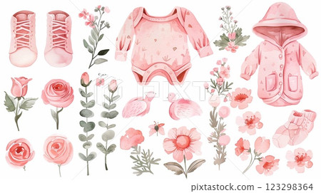 Soft pink watercolor elements showcase clothing, flowers, and accessories perfect for a baby girl Soft pink watercolor elements showcase clothing, flowers, and accessories perfect for a baby girl 123298364