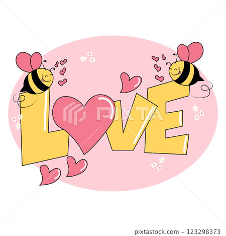 Two cartoon cute bees, heart, text, love, card, illustration, vector Two cartoon cute bees, heart, text, love, card, illustration, vector 123298373