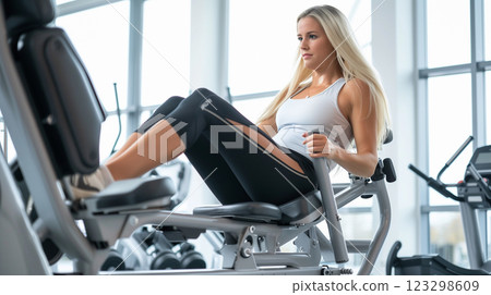 Fit woman training on leg press machine in modern gym 123298609