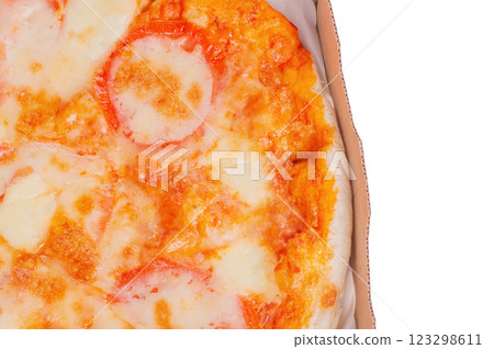 Pizza with cheese, sauce and tomatoes isolate on white. Pizza with cheese, sauce and tomatoes isolate on white. 123298611