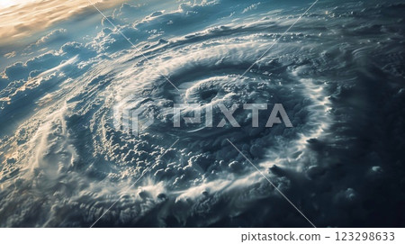 A stunning anticyclone spirals above the ocean under a beautiful, cloud filled sky 123298633