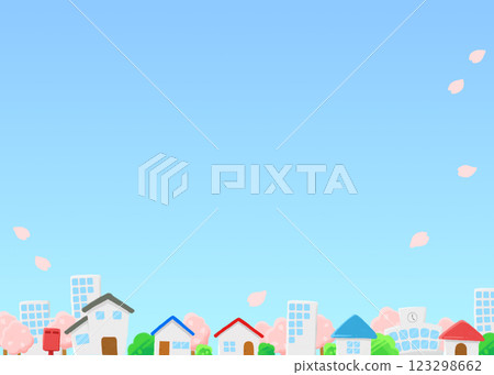 Illustration of a cityscape with cherry blossoms in bloom 123298662