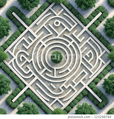 Garden stone maze with seamless circle and square pattern.	 123298784