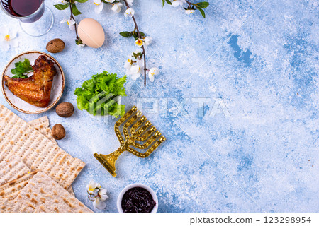 Traditional Passover Seder plate with symbolic foods. Symbolic of Jewish holiday Pesah. Traditional Passover Seder plate with symbolic foods. Symbolic of Jewish holiday Pesah. 123298954