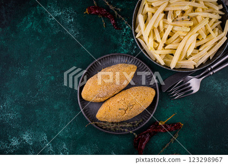 Frozen food assortment. Potato hashbrowns and french fries Frozen food assortment. Potato hashbrowns and french fries 123298967