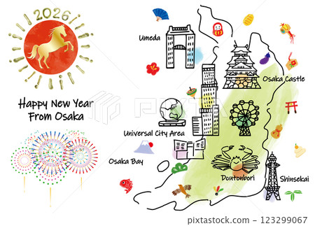 Illustrated map of Osaka's tourist attractions New Year's card 2026 Illustrated map of Osaka's tourist attractions New Year's card 2026 123299067