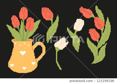 Pixel Art Spring Red and white Tulips, Bouquet Flowers in Jug. Vector collection illustration in retro 8-bit style. Springtime. Inspired by video game aesthetics. Mood of 90's aesthetics 123299196
