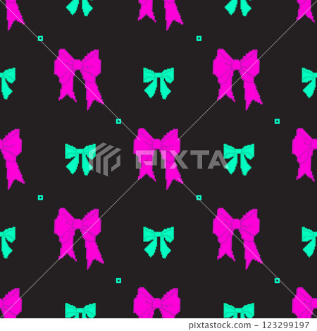 Pixel Art Neon Ribbon Bow Seamless Pattern on Black Background. Trendy playful patterned pixelated backdrop Y2k. Mood of 90 s aesthetics. Vector illustration in retro 8-bit Pixel Art Neon Ribbon Bow Seamless Pattern on Black Background. Trendy playful patterned pixelated backdrop Y2k. Mood of 90 s aesthetics. Vector illustration in retro 8-bit 123299197
