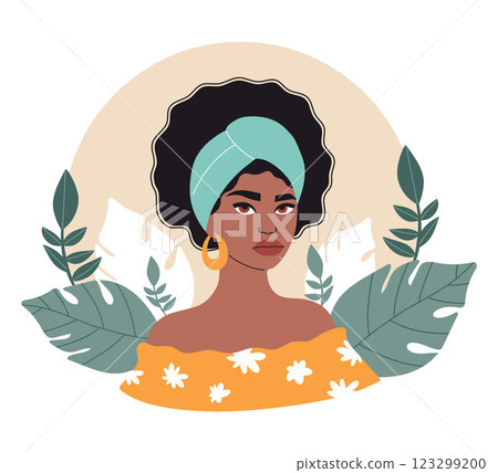 Pretty African American Girl. Female Modern Ethnicity Portrait with leaves. Vector illustration 123299200