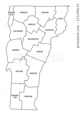 State of Vermont subdivided into 14 counties, outline map. State in the New England region of the Northeastern United States, nicknamed The Green Mountain State. Map with boundaries and county names. 123299214