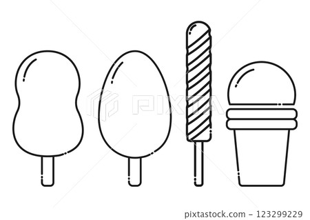 Eskimo on stick oval and wave shape, frozen juice and ice cream waffle cup Linear icons idea Set 4 Eskimo on stick oval and wave shape, frozen juice and ice cream waffle cup Linear icons idea Set 4 123299229