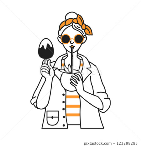 Stylish woman with ice cream and coconut drink 123299283