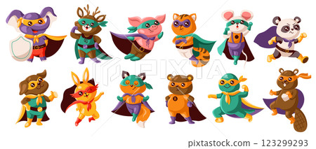 Colorful Cartoon Animals Dressed as Superheroes in Costumes 123299293