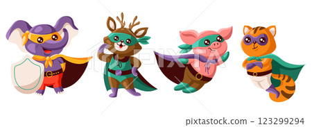Colorful Cartoon Animal Superheroes in Costumes 123299294