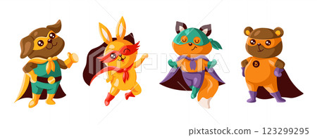 Cartoon animal superheroes with colorful costumes 123299295