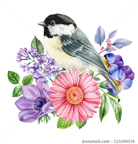adorable bird with flowers, watercolor tit artwork, hand painted spring cute wildlife illustration, nature flora art 123299310
