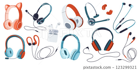 Wireless and wired headphones flat color vector icon set 123299321
