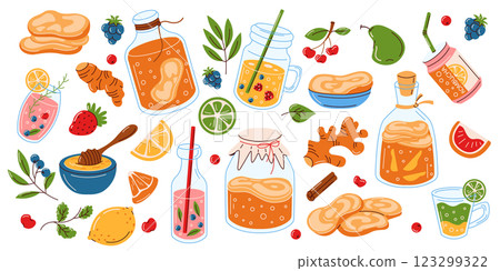 Colorful kombucha ingredients and beverages collection 123299322