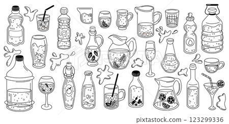 Black and white outline of various water containers 123299336