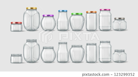 Collection of transparent jars with and without lids Collection of transparent jars with and without lids 123299352