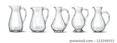 Collection of five unique transparent glass jugs Collection of five unique transparent glass jugs 123299353