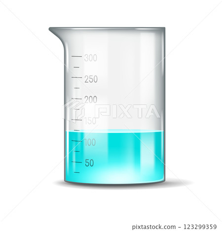 Transparent Measuring Beaker with Blue Liquid 123299359